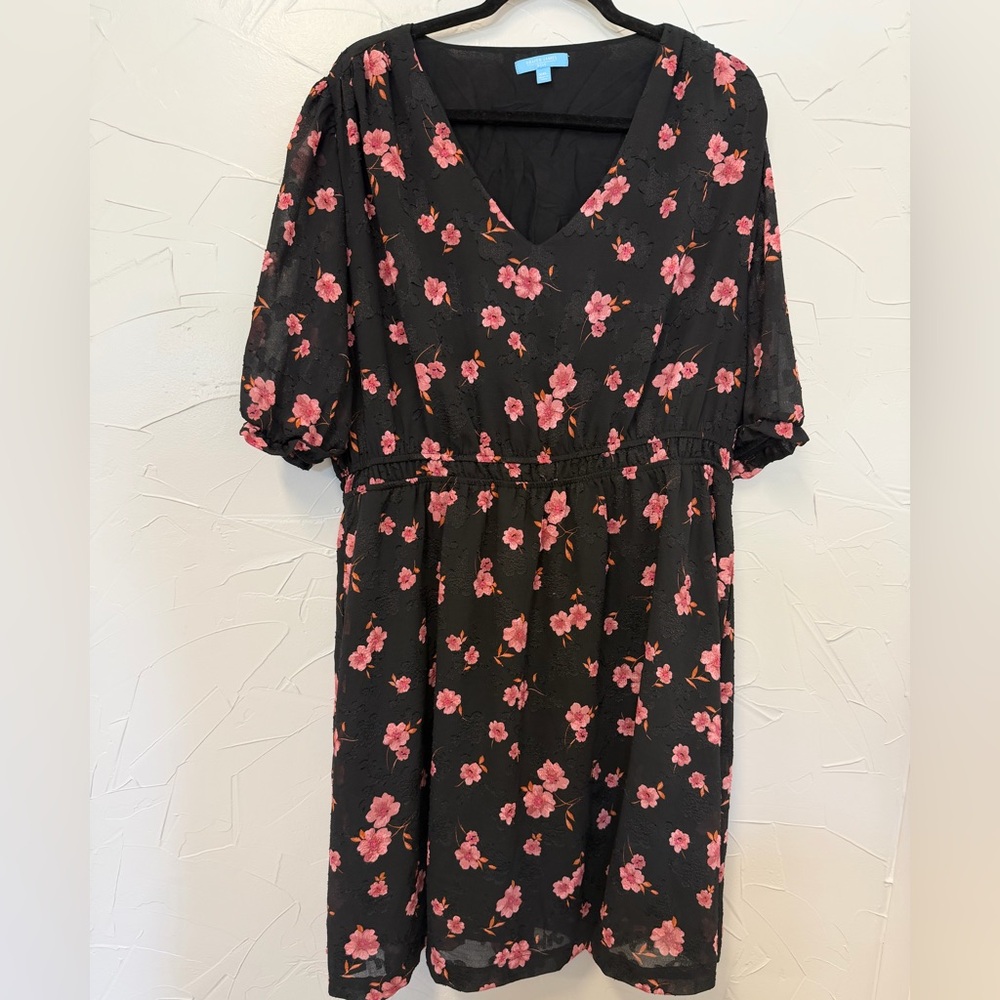Draper James Woman’s Elbow Sleeve Cinched Waist Black and Pink Dress Plus Size
